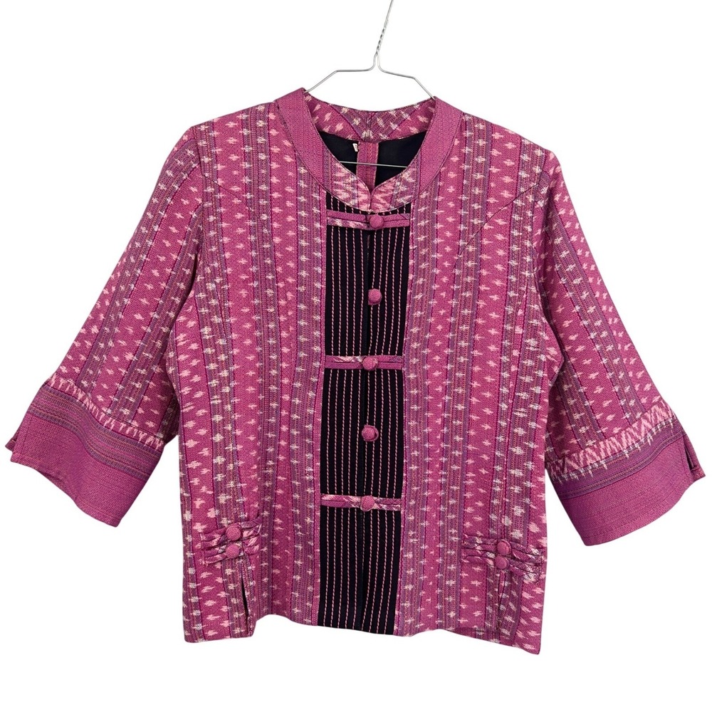 Womens Mandarin Collar Jacket Pink Ikat Woven Frog Button‎ 3/4 Sleeve Ethnic XXL